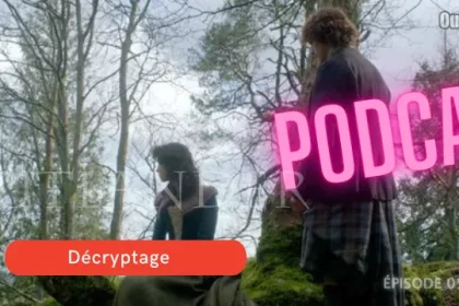 Jamie se rapproche de Claire dans une forêt calme et verdoyante après une première dispute. Ce moment révèle un début de complicité timide. - Outlander Addict