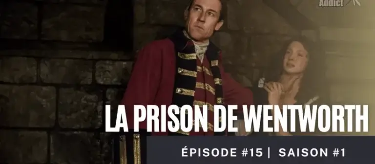 Claire Fraser face à Black Jack Randall dans les couloirs de la prison de Wentworth, où Jamie est retenu – moment sombre et dramatique de l’épisode 15.