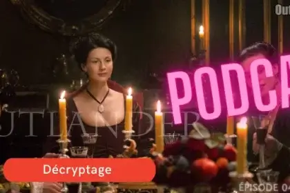 Claire se trouve au centre d'une table lors d'un dîner mondain, qu'elle a organisé avec Jamie. Une grande partie de la noblesse parisienne s'y trouve. - Outlander saison 2 épisode 4 "La Dame Blanche".