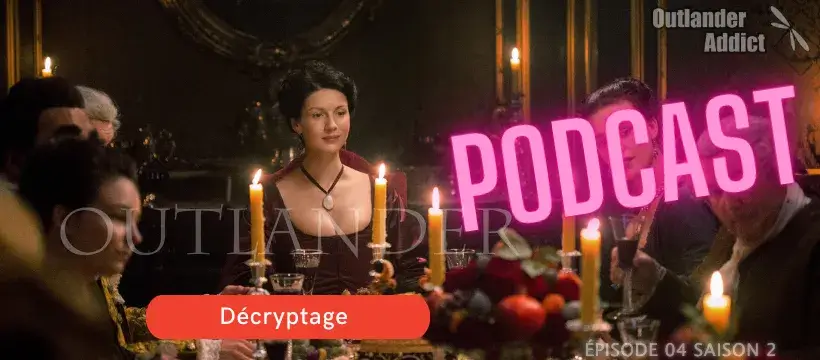 Claire se trouve au centre d'une table lors d'un dîner mondain, qu'elle a organisé avec Jamie. Une grande partie de la noblesse parisienne s'y trouve. - Outlander saison 2 épisode 4 "La Dame Blanche".
