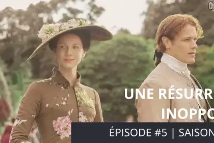 Claire est en compagnie de Jamie dans les jardins de Versailles. Elle porte une robe et un chapeau à fleur très élégante avec une paire de gants jaunes. - Outlander saison 2 épisode 5 "Une résurrection inopportune"