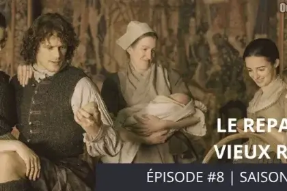 Jamie et Claire Fraser, entourés de membres du domaine, célèbrent la réussite de la récolte de pommes de terre, une culture conseillée par Claire pour prévenir les disettes à venir. - Outlander saison 2 épisode 8 "Le repaire du Vieux Renard"