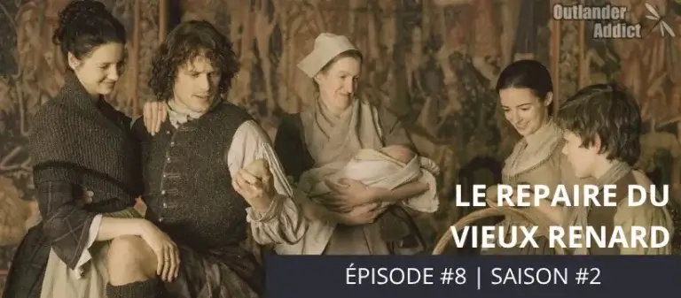Jamie et Claire Fraser, entourés de membres du domaine, célèbrent la réussite de la récolte de pommes de terre, une culture conseillée par Claire pour prévenir les disettes à venir. - Outlander saison 2 épisode 8 "Le repaire du Vieux Renard"