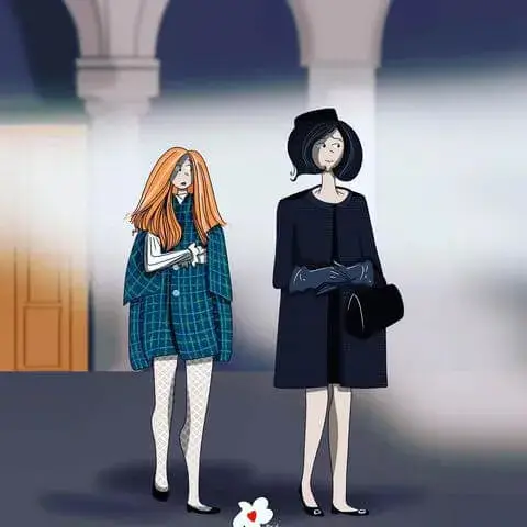 Illustration de Pitch Mani "Claire et Brianna discutent à coeur ouvert sous le hall de l'université après la cérémonie consacré à Franck". - Outlander saison 3 épisode 5.