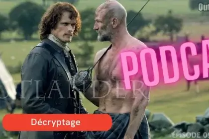 Jamie face à Dougal, torse nu avec un camouflage de guerrier, ont un échange tendu. Jamie s'affirme en tant que leader du Clan Fraser. - Outlander saison 2 épisode 9 "Je suis Prest"